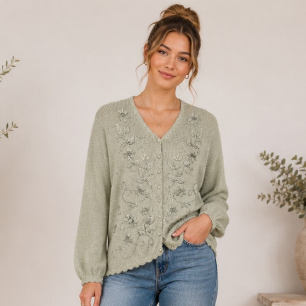 Jenny Cardigan Sweater Women's Size M Green Embroidered Cottage Granny Vintage